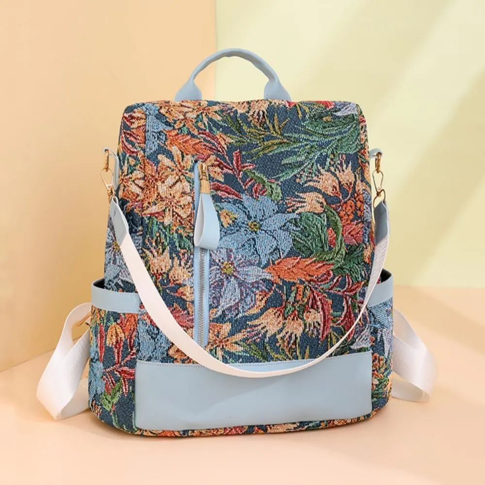 FUNSEED Backpack for Women, Large Capacity Ethnic Flower Printed Nylon Anti Theft Shoulder Crossbody Backpack (Muti)