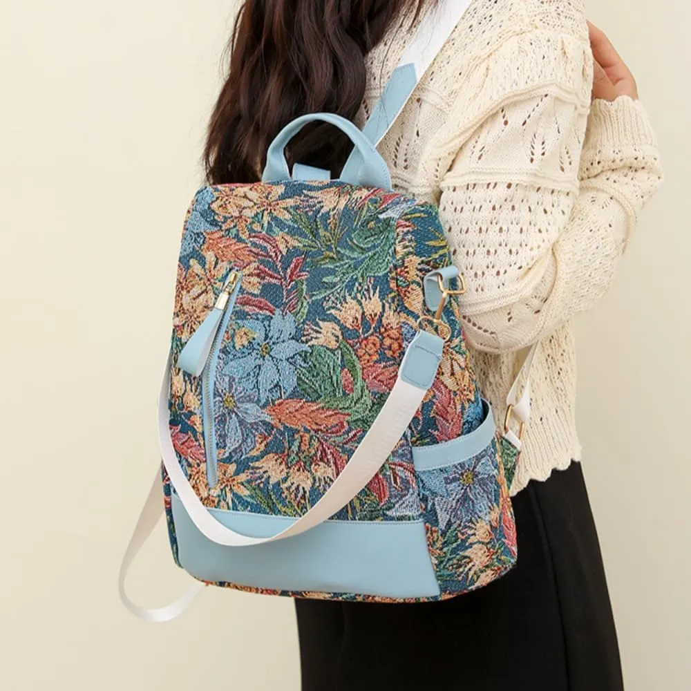 FUNSEED Backpack for Women, Large Capacity Ethnic Flower Printed Nylon Anti Theft Shoulder Crossbody Backpack (Muti)