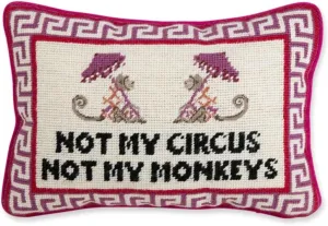 FURBISH Needlepoint Decorative Throw Pillow - Not My Circus Not My Monkeys, Small Embroidered Accent Pillow for Bed, Chair, Couch, Sofa, Aesthetic Room Decor, 10" x 14"