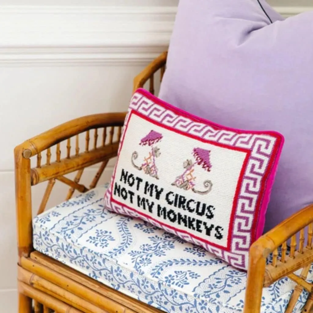 FURBISH Needlepoint Decorative Throw Pillow - Not My Circus Not My Monkeys, Small Embroidered Accent Pillow for Bed, Chair, Couch, Sofa, Aesthetic Room Decor, 10" x 14"