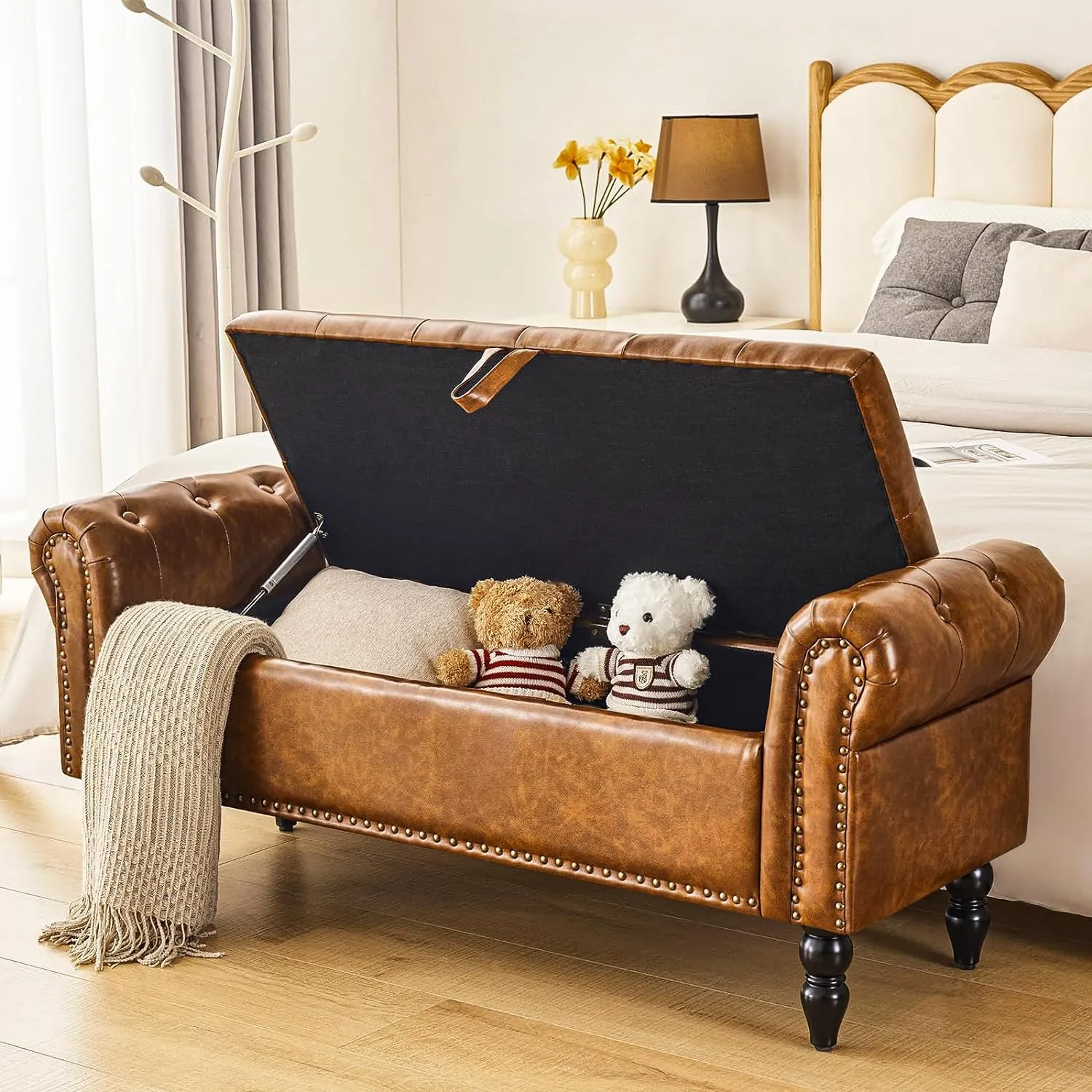 Furnimart Storage Bedroom Bench for End of Bed, Faux Leather Upholstered Storage Ottoman with Rolled Arms for Bedroom,Living Room, Entryway, 2.5Cubic Feet
