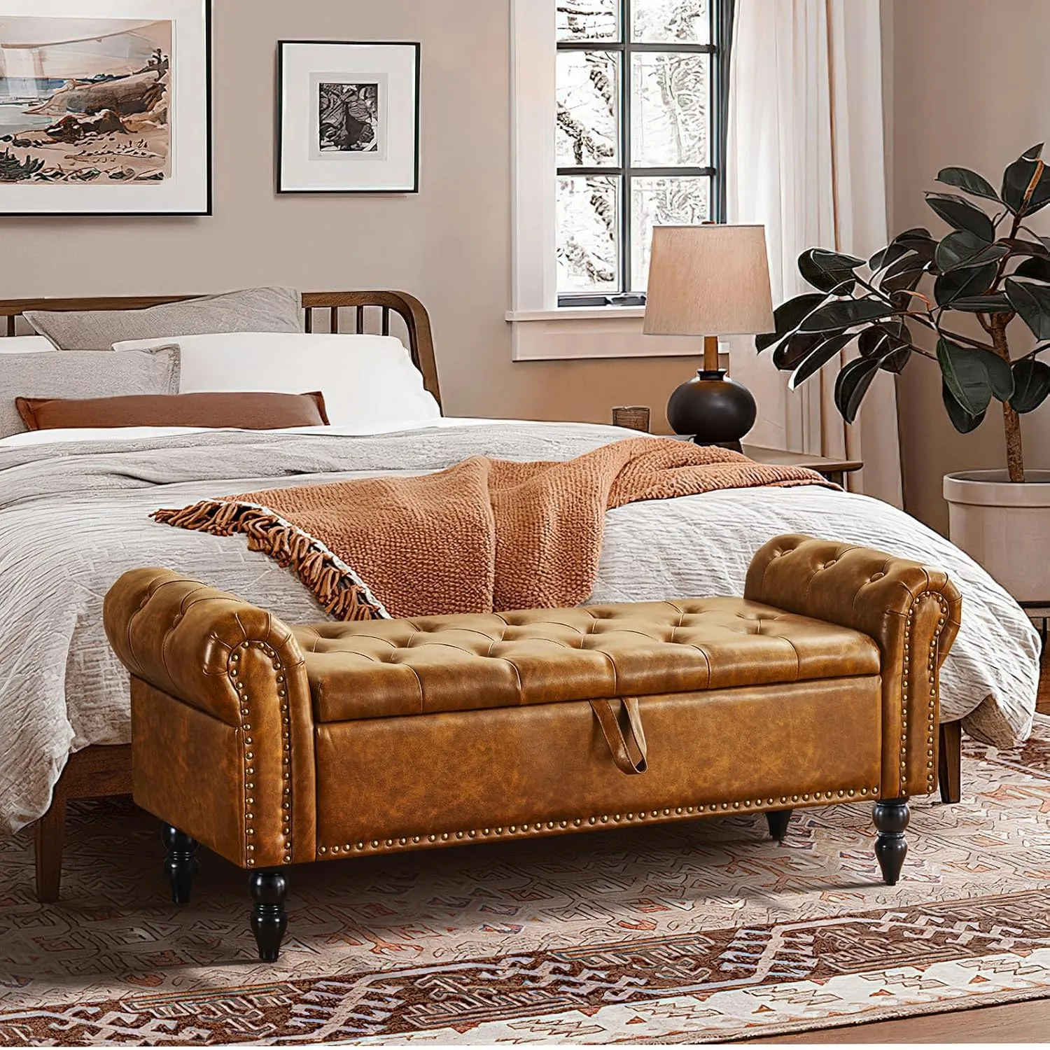 Furnimart Storage Bedroom Bench for End of Bed, Faux Leather Upholstered Storage Ottoman with Rolled Arms for Bedroom,Living Room, Entryway, 2.5Cubic Feet