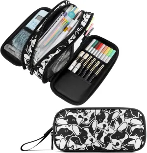 Fustylead Black and White French Bulldog Dog Face Graffiti Large Pencil Case Portable Stationery Bag Cosmetics Bag with Handle for School Office Travel