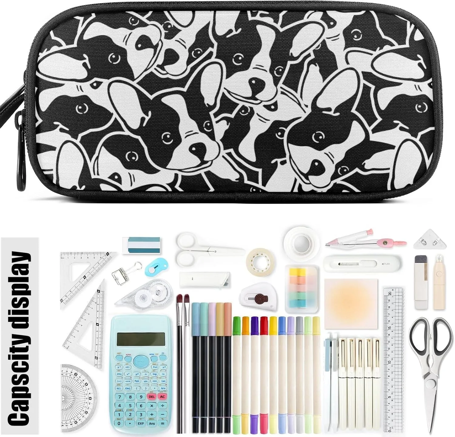 Fustylead Black and White French Bulldog Dog Face Graffiti Large Pencil Case Portable Stationery Bag Cosmetics Bag with Handle for School Office Travel