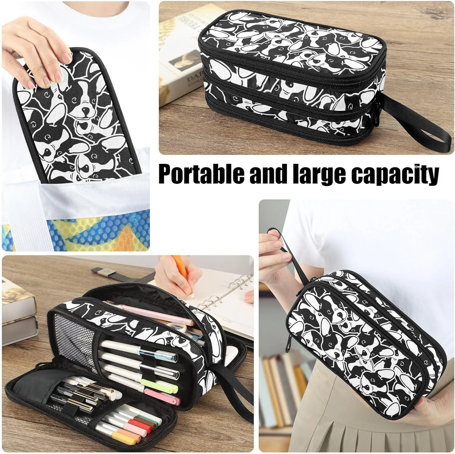 Fustylead Black and White French Bulldog Dog Face Graffiti Large Pencil Case Portable Stationery Bag Cosmetics Bag with Handle for School Office Travel
