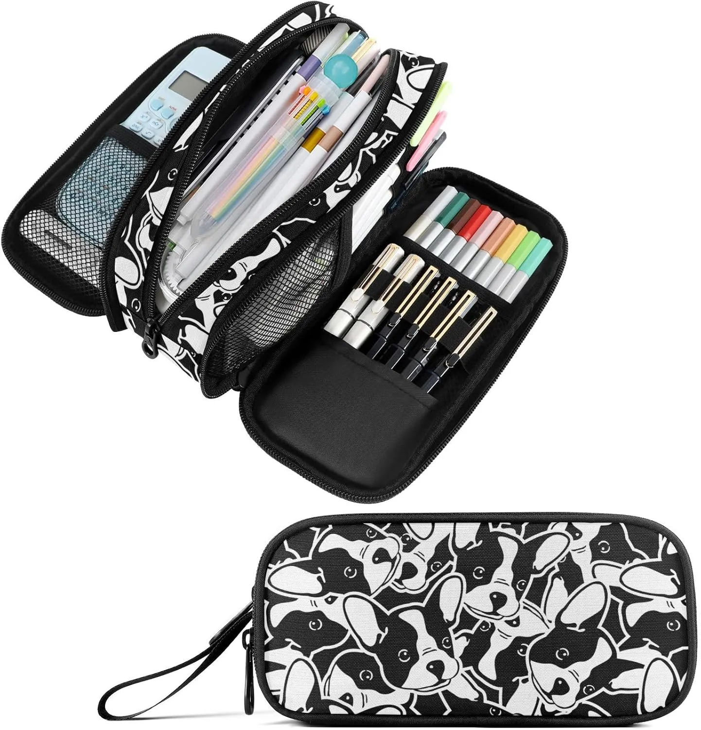 Fustylead Black and White French Bulldog Dog Face Graffiti Large Pencil Case Portable Stationery Bag Cosmetics Bag with Handle for School Office Travel