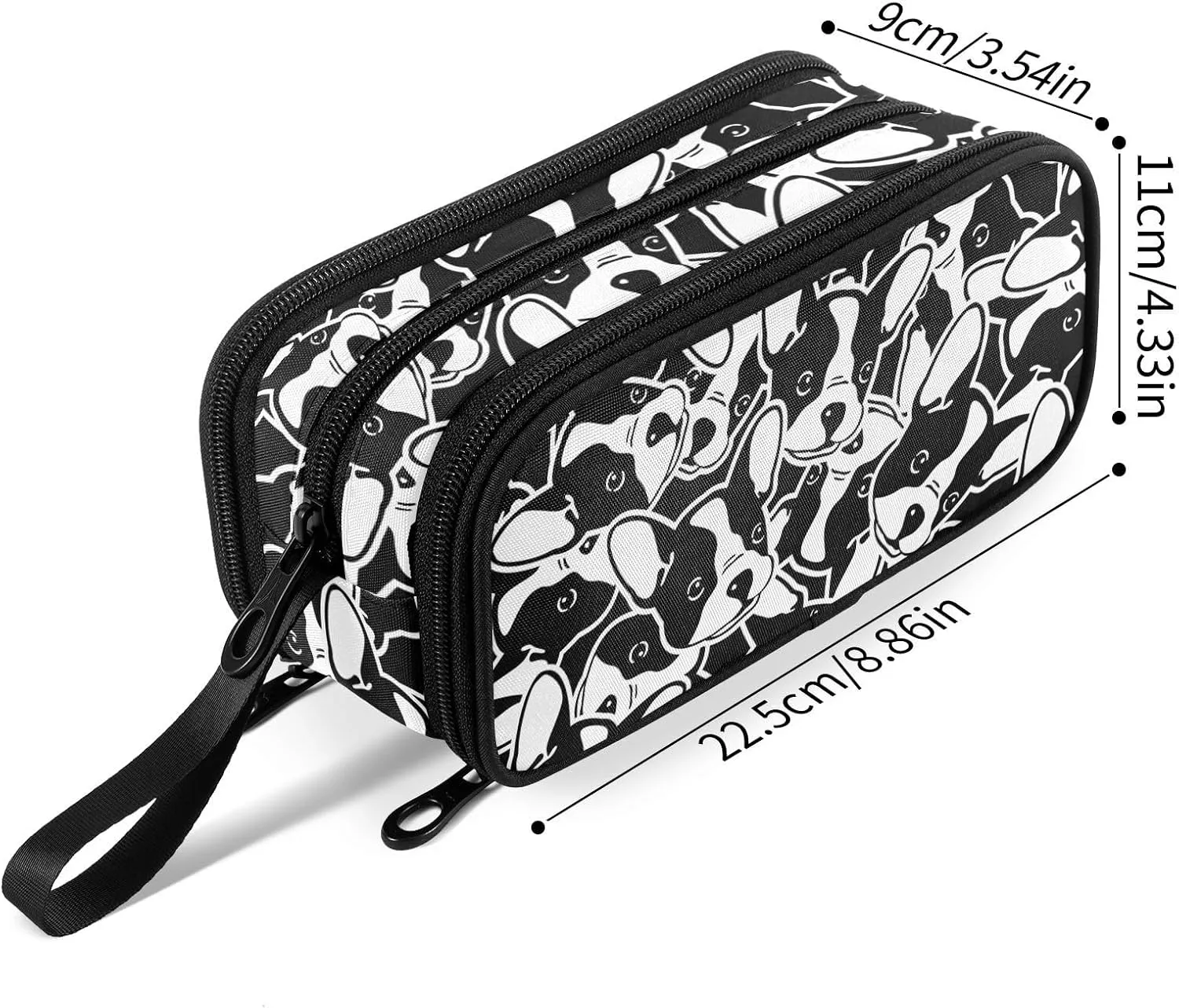 Fustylead Black and White French Bulldog Dog Face Graffiti Large Pencil Case Portable Stationery Bag Cosmetics Bag with Handle for School Office Travel