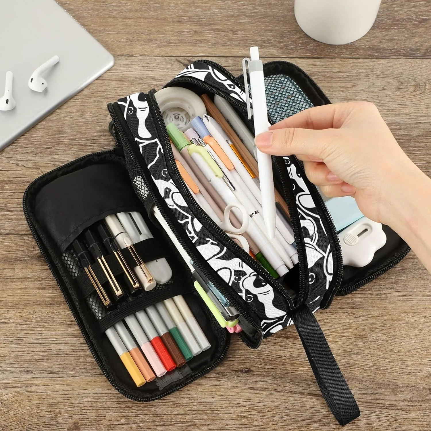 Fustylead Black and White French Bulldog Dog Face Graffiti Large Pencil Case Portable Stationery Bag Cosmetics Bag with Handle for School Office Travel