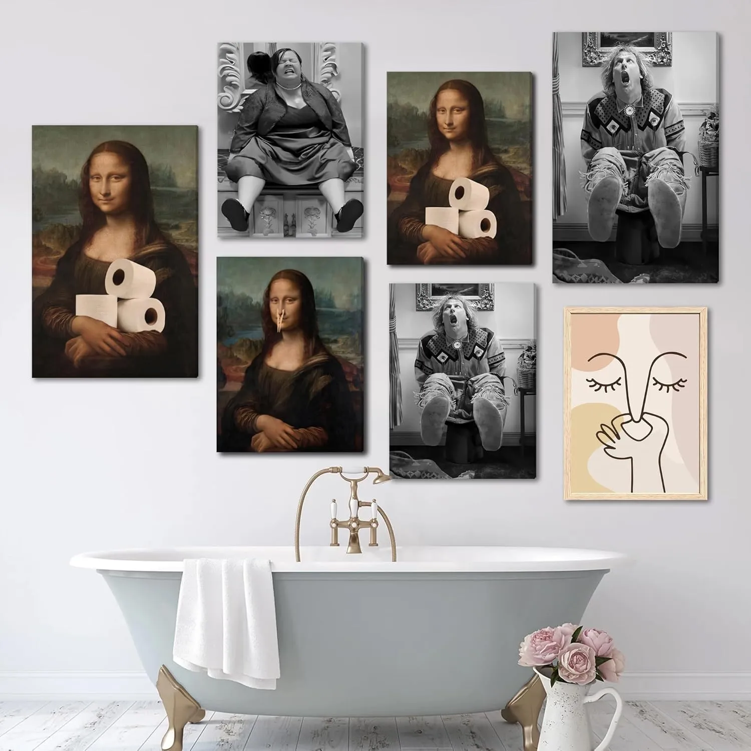 FWAHREN Funny Boho Bathroom Decor Wall Art, Framed Modern Abstract Minimalist Face Line Art Pictures Wall Decor for Restroom Office Living Room Bedroom, Neutral Beige Canvas Print Artwork, 12x16in