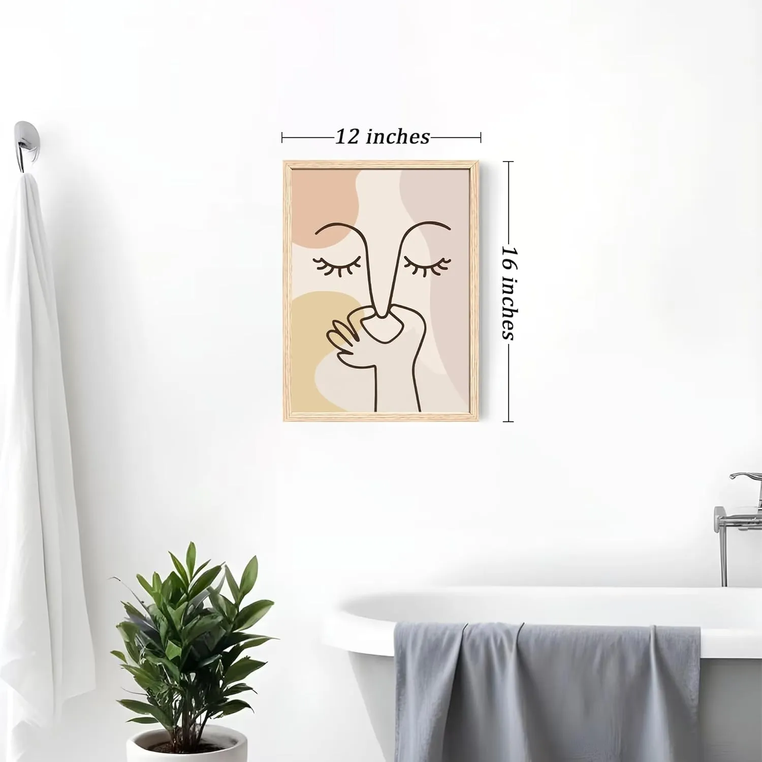 FWAHREN Funny Boho Bathroom Decor Wall Art, Framed Modern Abstract Minimalist Face Line Art Pictures Wall Decor for Restroom Office Living Room Bedroom, Neutral Beige Canvas Print Artwork, 12x16in