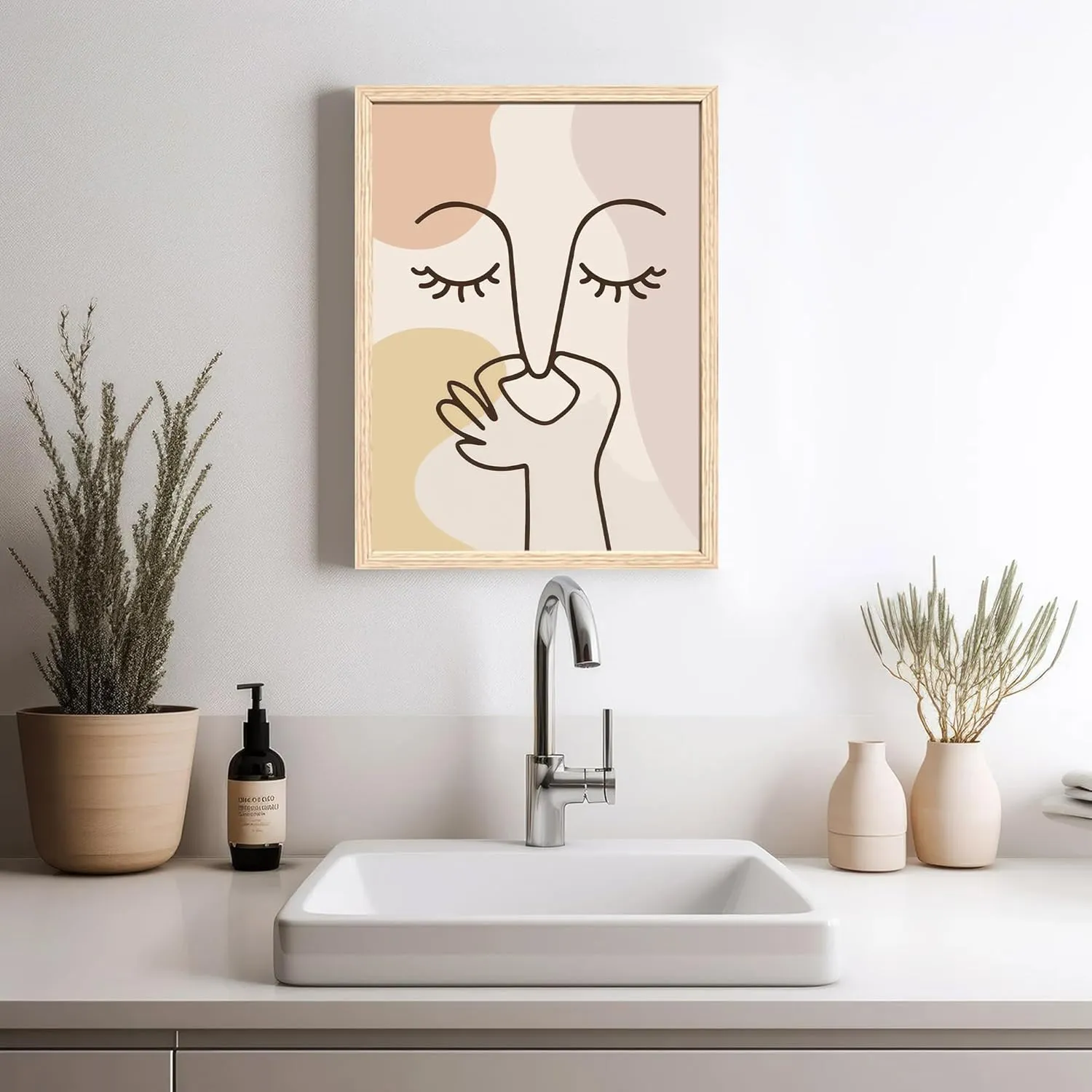 FWAHREN Funny Boho Bathroom Decor Wall Art, Framed Modern Abstract Minimalist Face Line Art Pictures Wall Decor for Restroom Office Living Room Bedroom, Neutral Beige Canvas Print Artwork, 12x16in