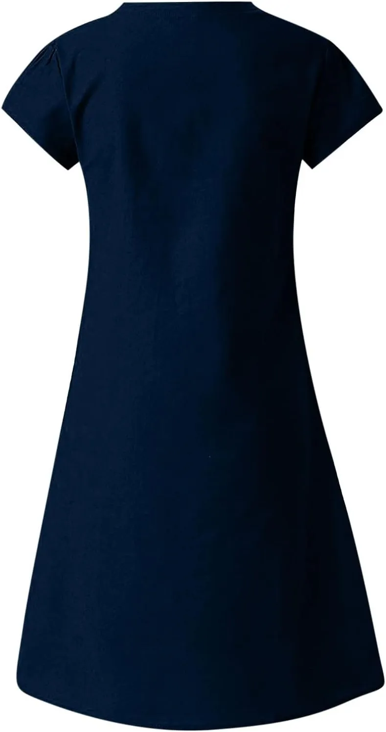 FZYLQY Womens Slim Dresses 2024 Ladies Summer Solid Cotton Linen Dress Short Sleeve V-Neck Dress Plus Size Mid-Calf Dress