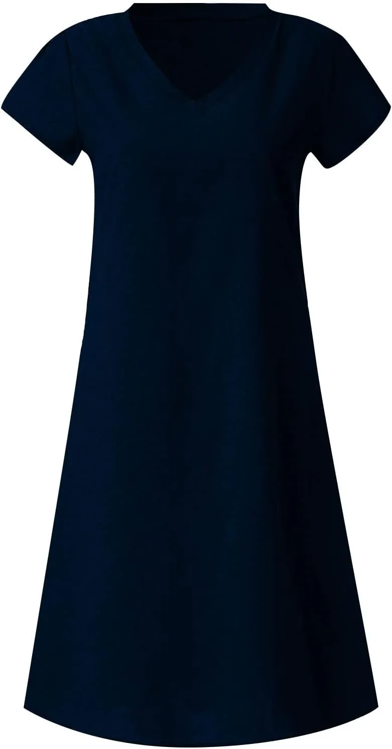 FZYLQY Womens Slim Dresses 2024 Ladies Summer Solid Cotton Linen Dress Short Sleeve V-Neck Dress Plus Size Mid-Calf Dress