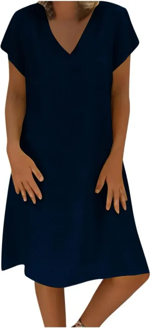 FZYLQY Womens Slim Dresses 2024 Ladies Summer Solid Cotton Linen Dress Short Sleeve V-Neck Dress Plus Size Mid-Calf Dress