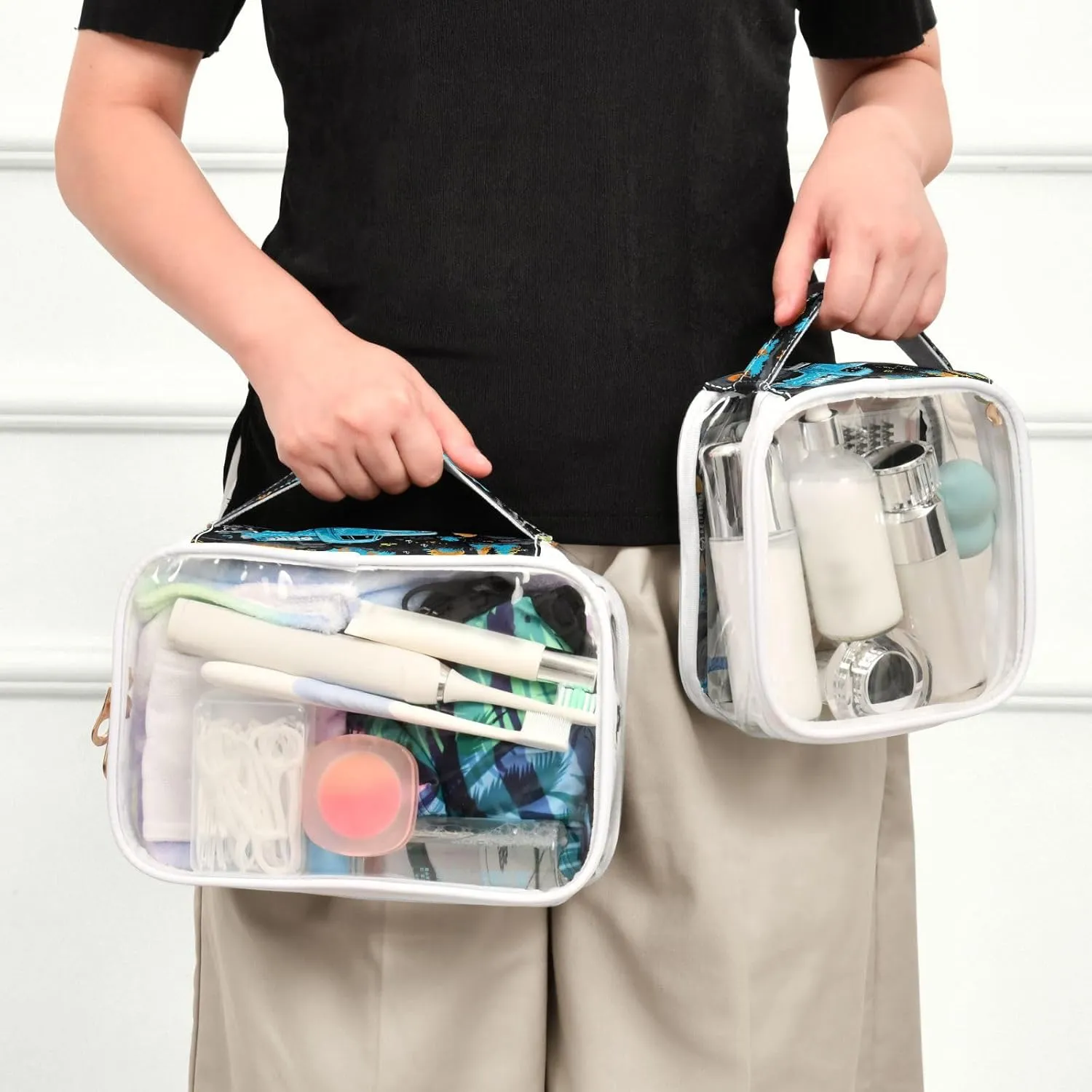 GAIGEO Blue Monster Truck 2 Pack Travel Transparent Bag, Clear Carry on Travel Toiletry Bag, Hair Product Travel Bag
