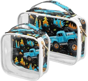 GAIGEO Blue Monster Truck 2 Pack Travel Transparent Bag, Clear Carry on Travel Toiletry Bag, Hair Product Travel Bag