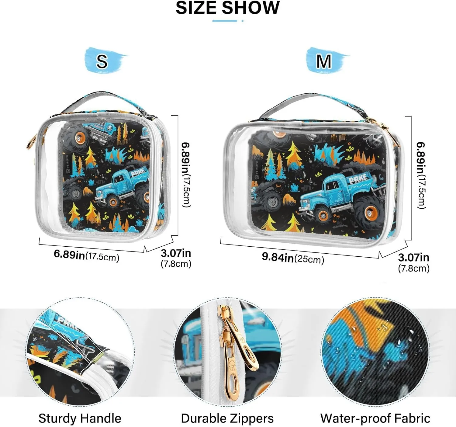 GAIGEO Blue Monster Truck 2 Pack Travel Transparent Bag, Clear Carry on Travel Toiletry Bag, Hair Product Travel Bag