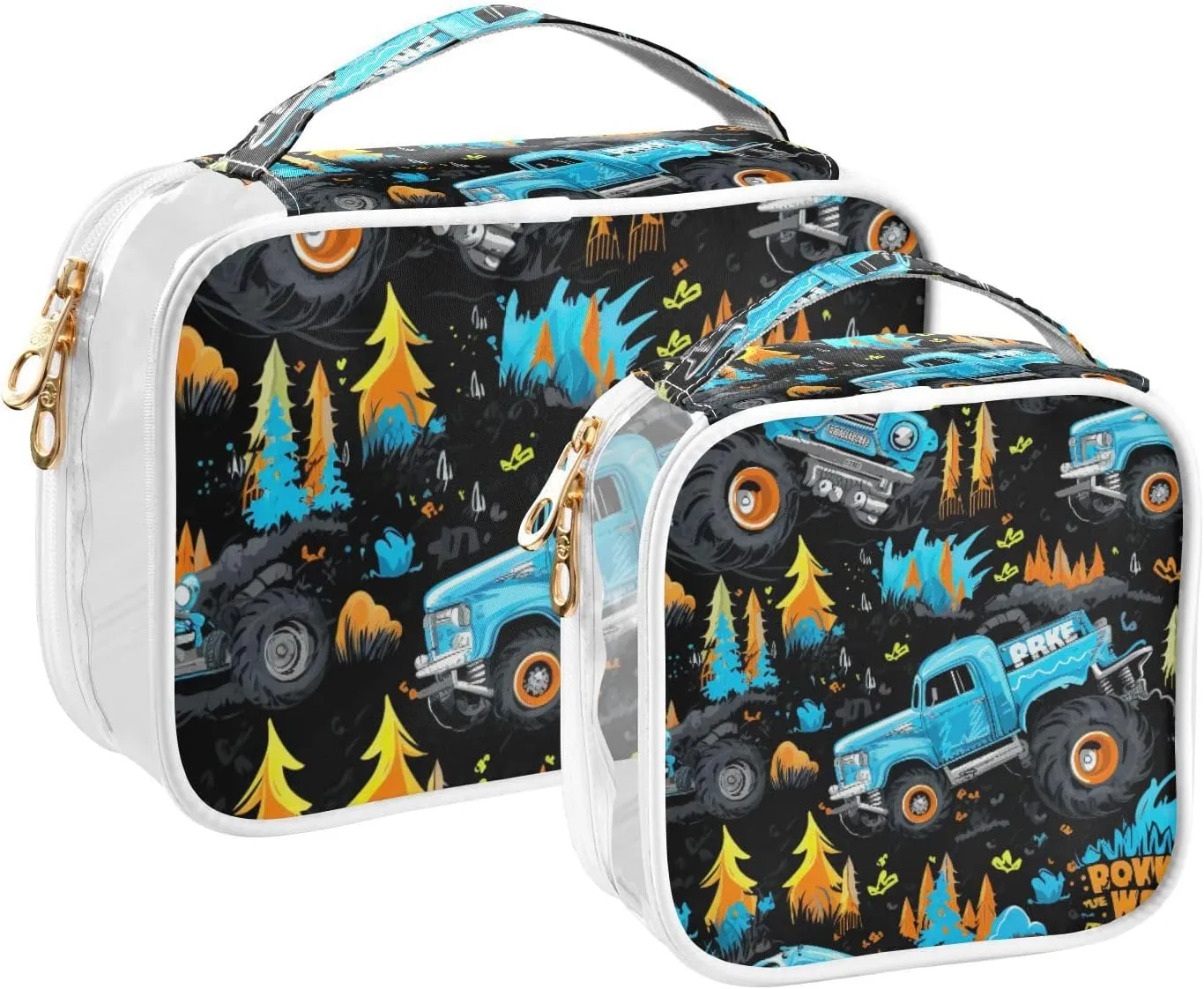 GAIGEO Blue Monster Truck 2 Pack Travel Transparent Bag, Clear Carry on Travel Toiletry Bag, Hair Product Travel Bag