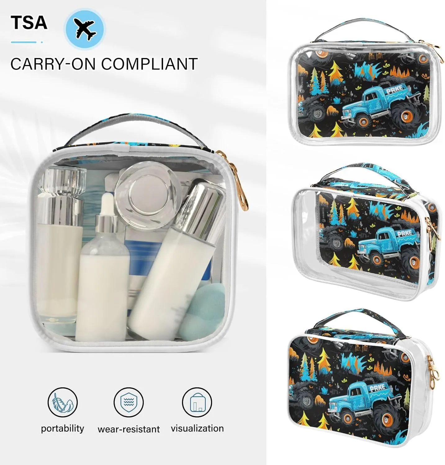 GAIGEO Blue Monster Truck 2 Pack Travel Transparent Bag, Clear Carry on Travel Toiletry Bag, Hair Product Travel Bag