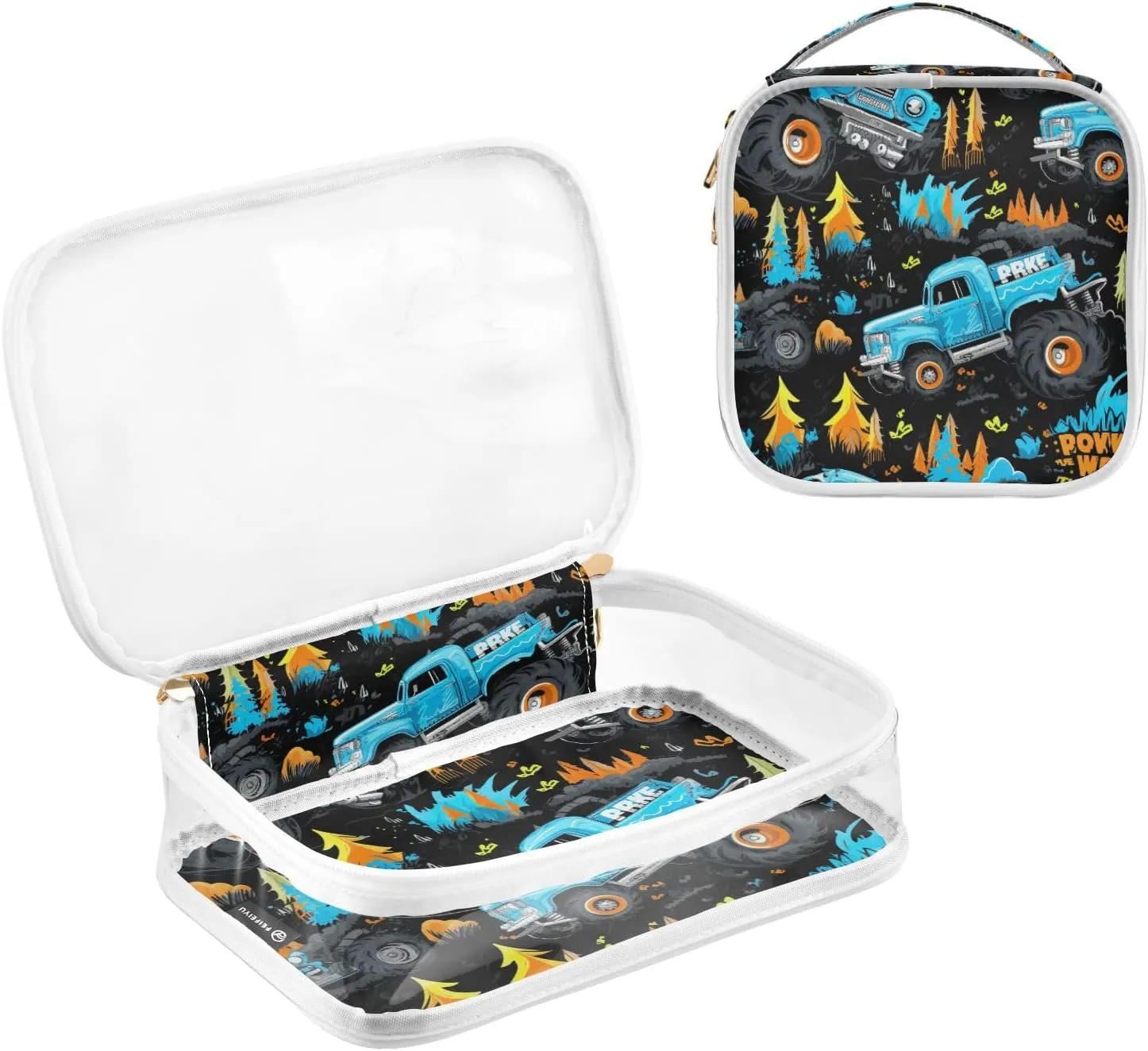 GAIGEO Blue Monster Truck 2 Pack Travel Transparent Bag, Clear Carry on Travel Toiletry Bag, Hair Product Travel Bag