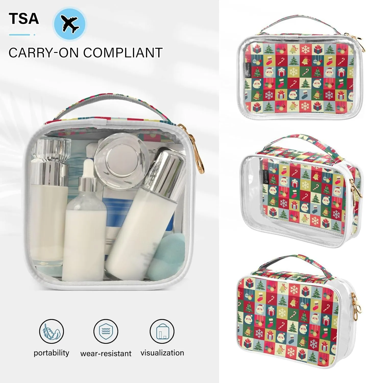 GAIGEO Christmas Symbols 2 Pack Clear Makeup Bag Set, Transparent Zipper Bag, Clear Liquids Bag for Air Travel