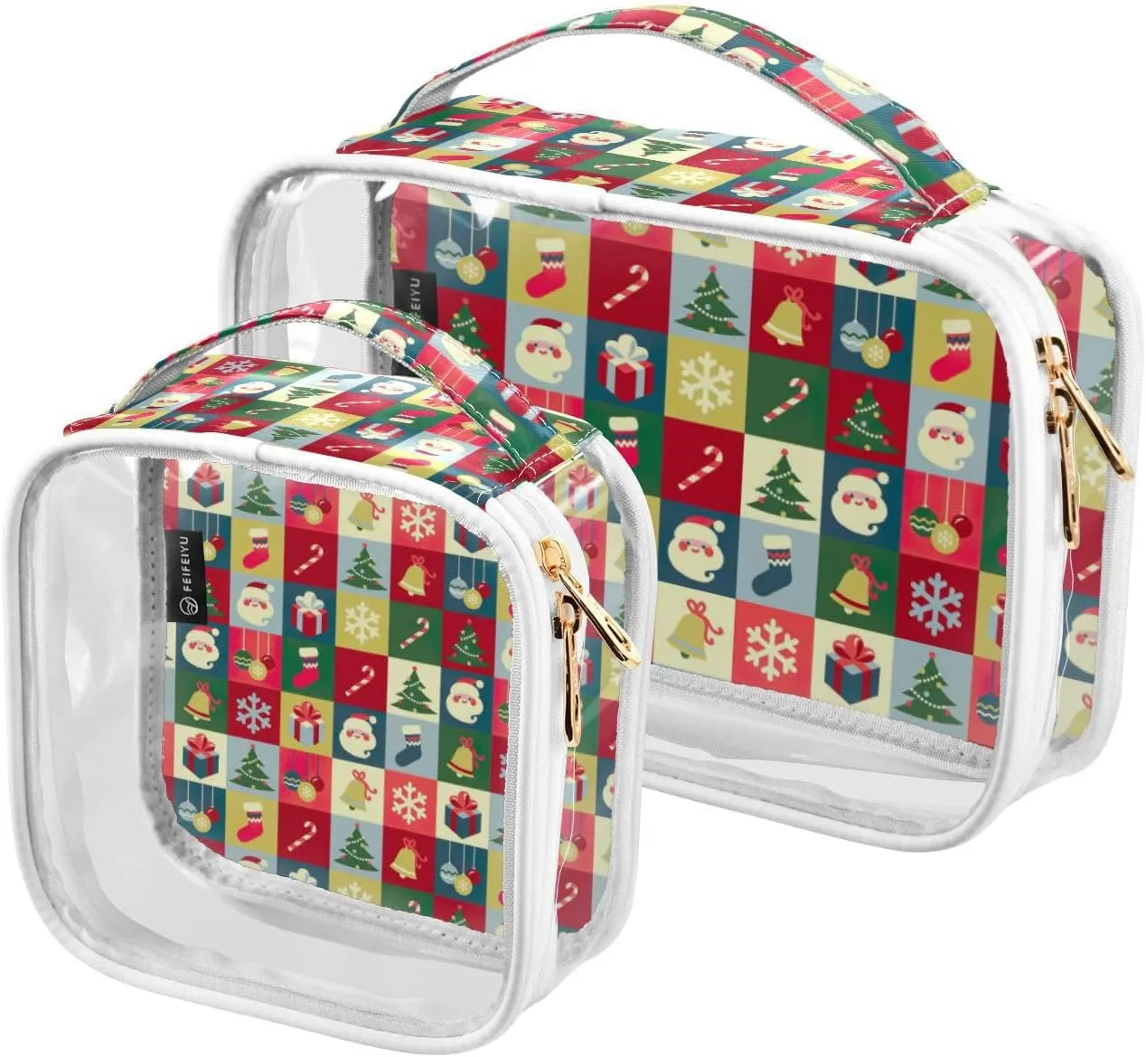 GAIGEO Christmas Symbols 2 Pack Clear Makeup Bag Set, Transparent Zipper Bag, Clear Liquids Bag for Air Travel