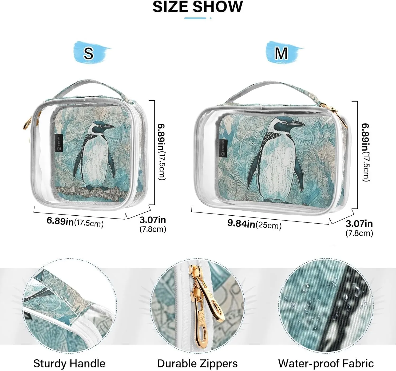 GAIGEO Vintage Plank Scratch Ocean Penguin Clear Bag for Travel Tsa Approved, Makeup Bag for Car, Men Toiletry Bag Clear, 2 Pack