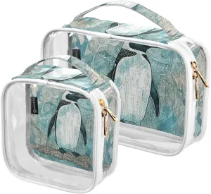 GAIGEO Vintage Plank Scratch Ocean Penguin Clear Bag for Travel Tsa Approved, Makeup Bag for Car, Men Toiletry Bag Clear, 2 Pack
