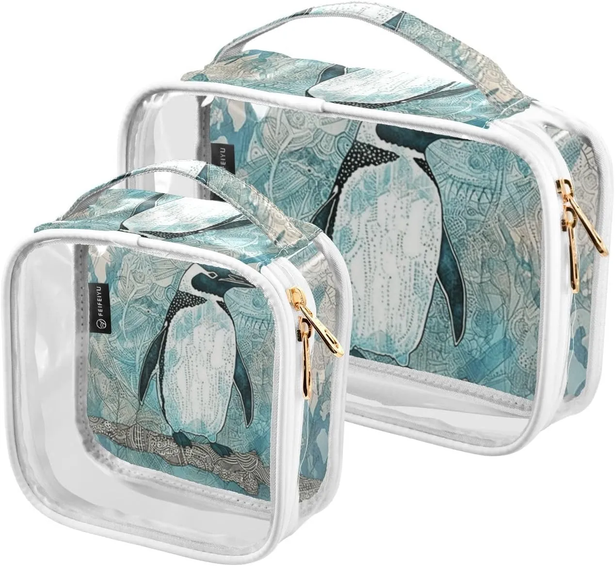GAIGEO Vintage Plank Scratch Ocean Penguin Clear Bag for Travel Tsa Approved, Makeup Bag for Car, Men Toiletry Bag Clear, 2 Pack