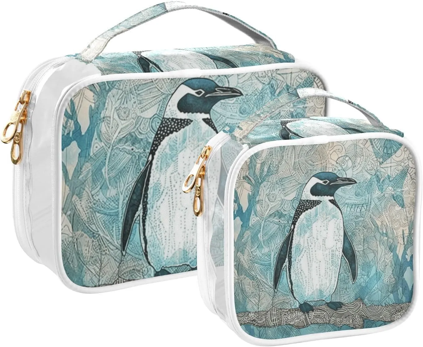 GAIGEO Vintage Plank Scratch Ocean Penguin Clear Bag for Travel Tsa Approved, Makeup Bag for Car, Men Toiletry Bag Clear, 2 Pack