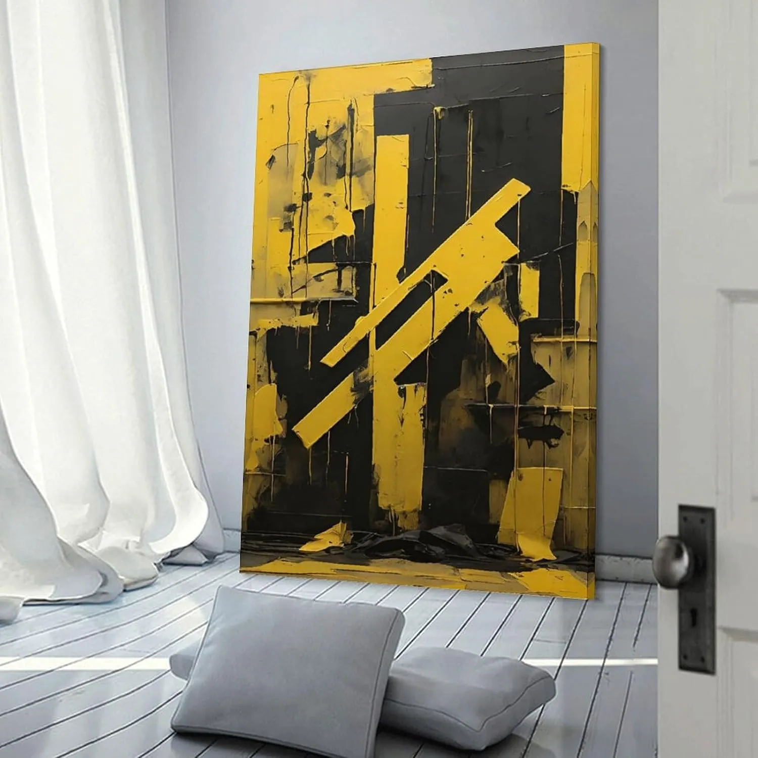 GAUSKY Single Hanging Picture Colorful Abstract Canvas Posters for Room Aesthetic, Yellow Black Stripe Art for Office Home Studio, Modern Print Frame-style 24x36inch(60x90cm)