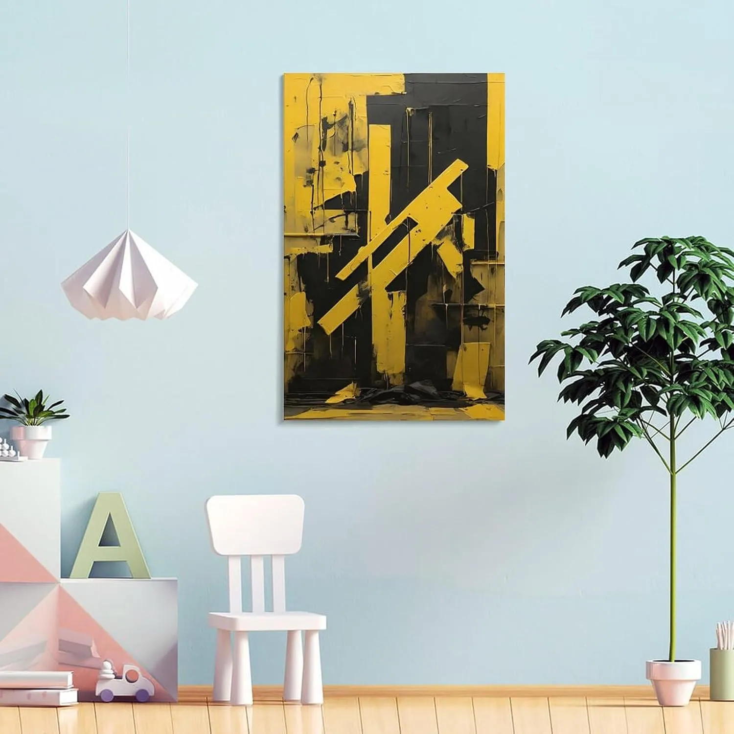 GAUSKY Single Hanging Picture Colorful Abstract Canvas Posters for Room Aesthetic, Yellow Black Stripe Art for Office Home Studio, Modern Print Frame-style 24x36inch(60x90cm)