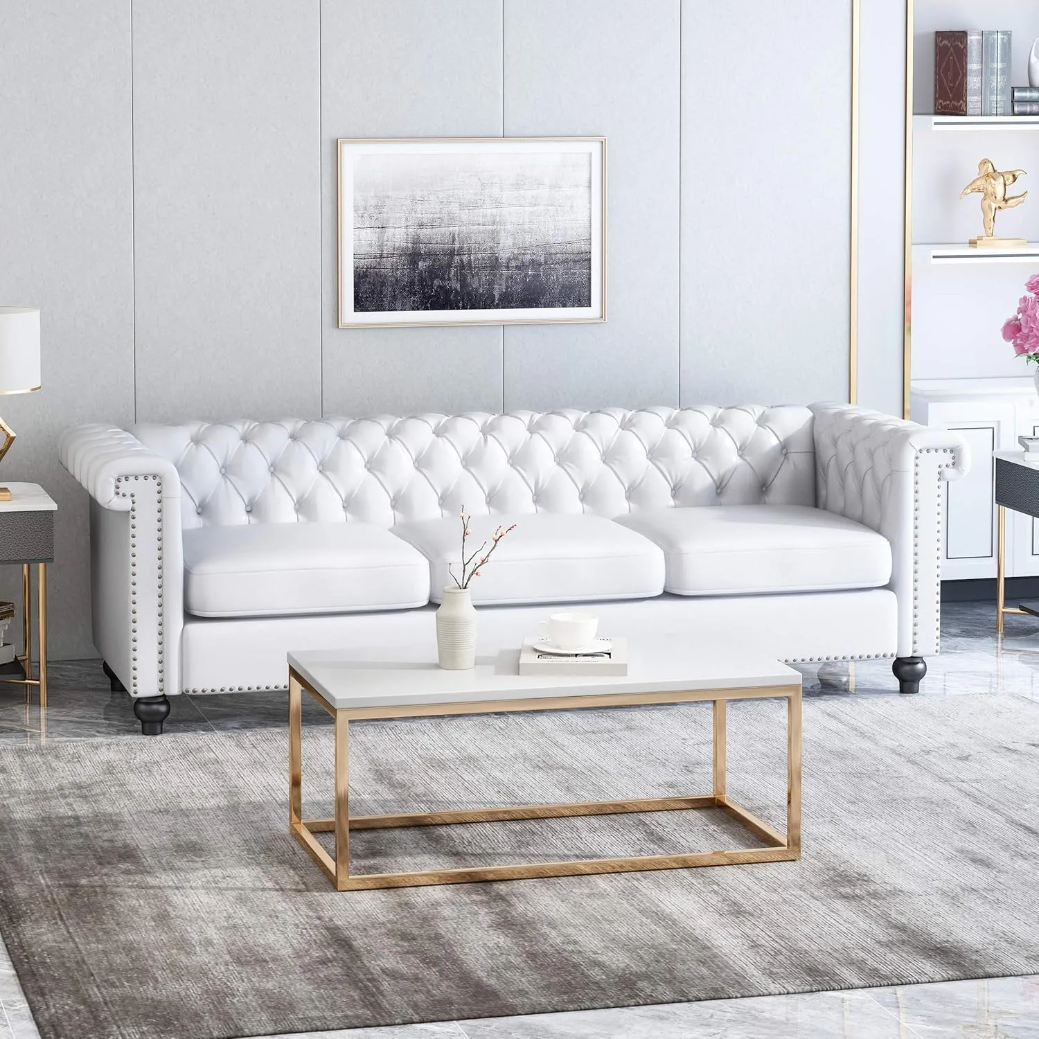 GDF Studio Tufted Chesterfield Faux Leather 3 Seater Sofa, White and Dark Brown