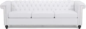 GDF Studio Tufted Chesterfield Faux Leather 3 Seater Sofa, White and Dark Brown