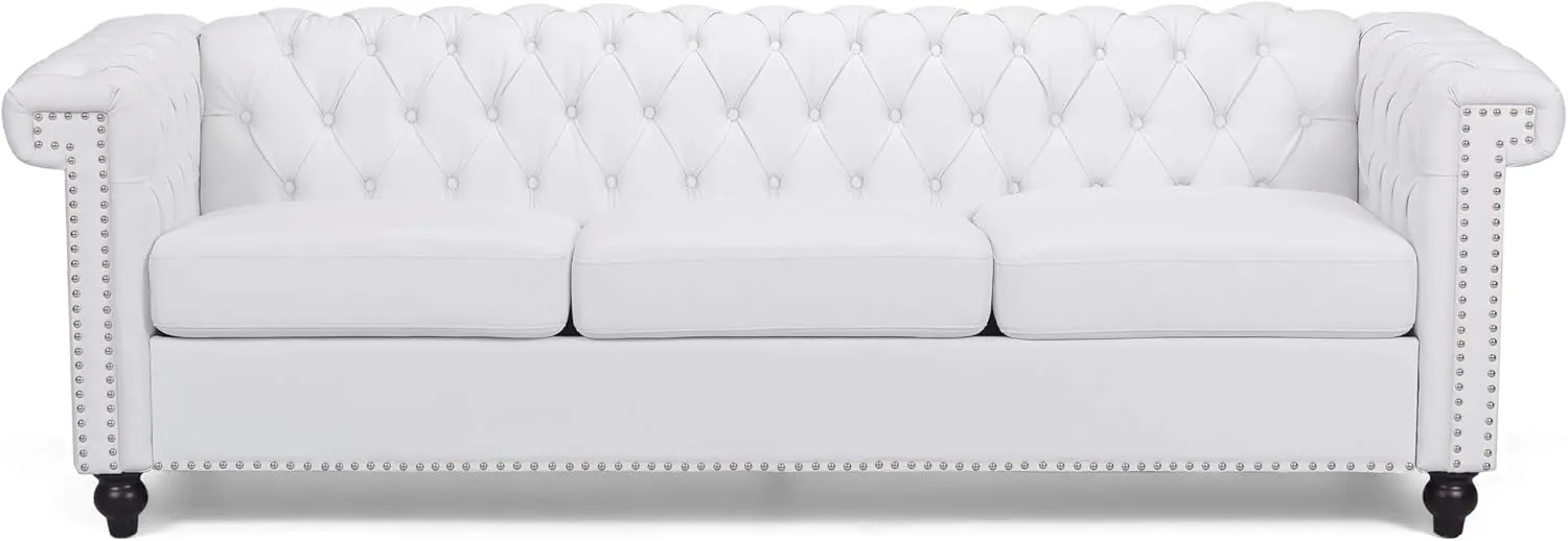 GDF Studio Tufted Chesterfield Faux Leather 3 Seater Sofa, White and Dark Brown