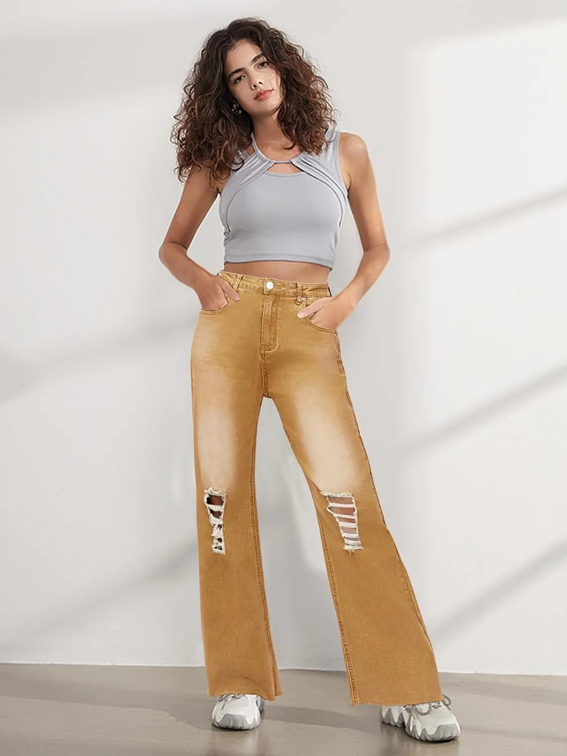 Genleck Women Loose Ripped Boyfriends Jeans High Waist Baggy Denim Pants Distressed Wide Leg Jeans Y2K