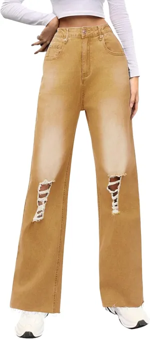 Genleck Women Loose Ripped Boyfriends Jeans High Waist Baggy Denim Pants Distressed Wide Leg Jeans Y2K