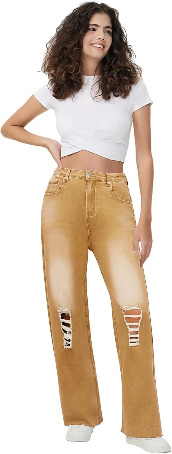 Genleck Women Loose Ripped Boyfriends Jeans High Waist Baggy Denim Pants Distressed Wide Leg Jeans Y2K