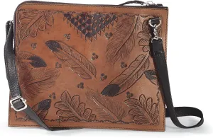 Genuine Leather Crossbody Bag for Women, Designer Feather and Floral Tooled Purse, Ladies Shoulder Handbag, Top Zip Closure