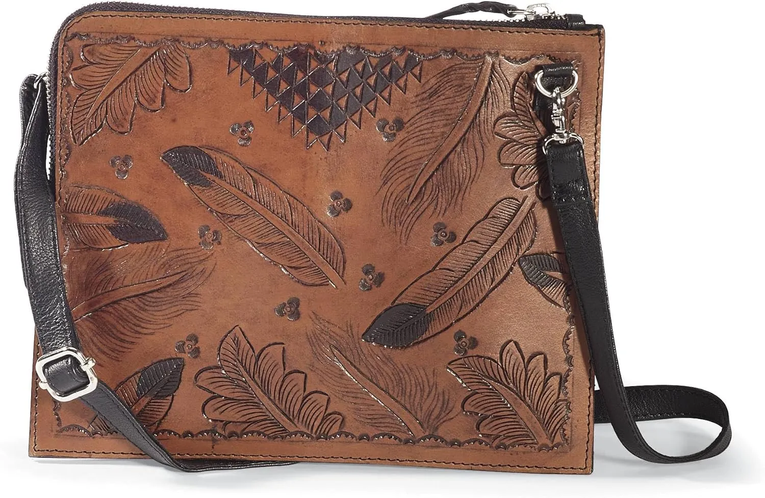 Genuine Leather Crossbody Bag for Women, Designer Feather and Floral Tooled Purse, Ladies Shoulder Handbag, Top Zip Closure