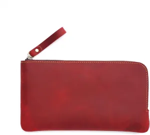 Genuine leather large capacity pencil case. Zip Pouch, Accessories holder, Stationery Bag, Retro handmade artwork. (Red)