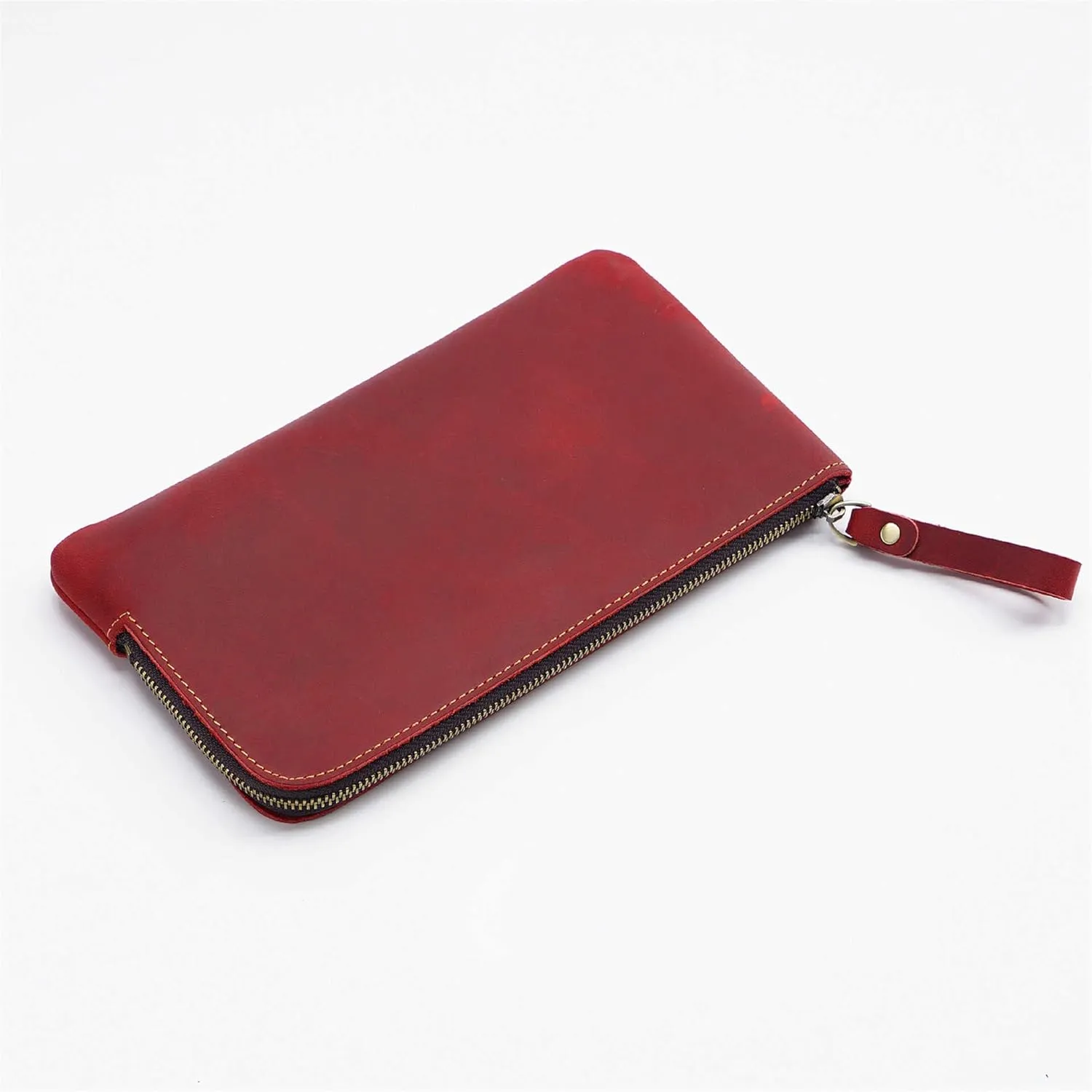 Genuine leather large capacity pencil case. Zip Pouch, Accessories holder, Stationery Bag, Retro handmade artwork. (Red)
