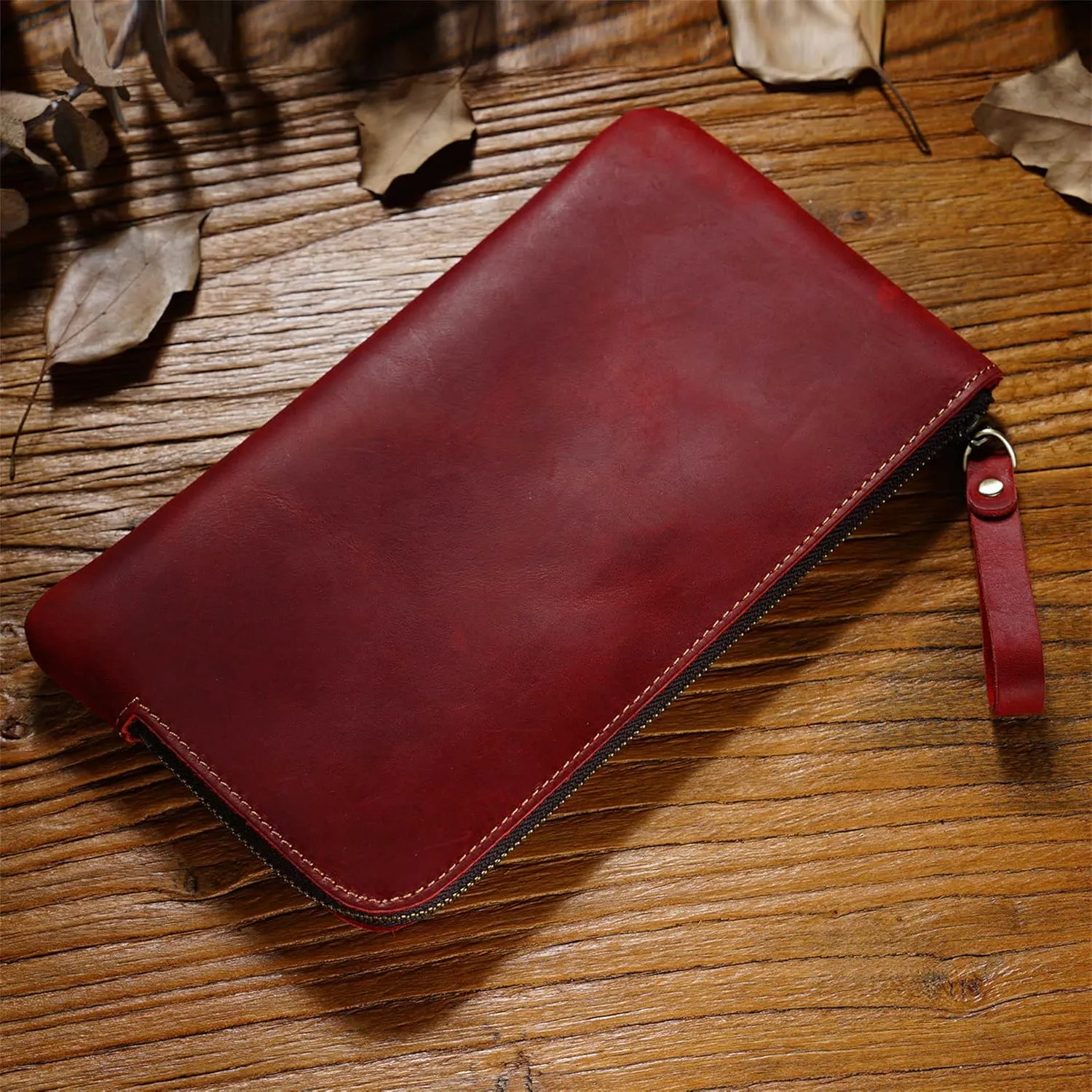 Genuine leather large capacity pencil case. Zip Pouch, Accessories holder, Stationery Bag, Retro handmade artwork. (Red)