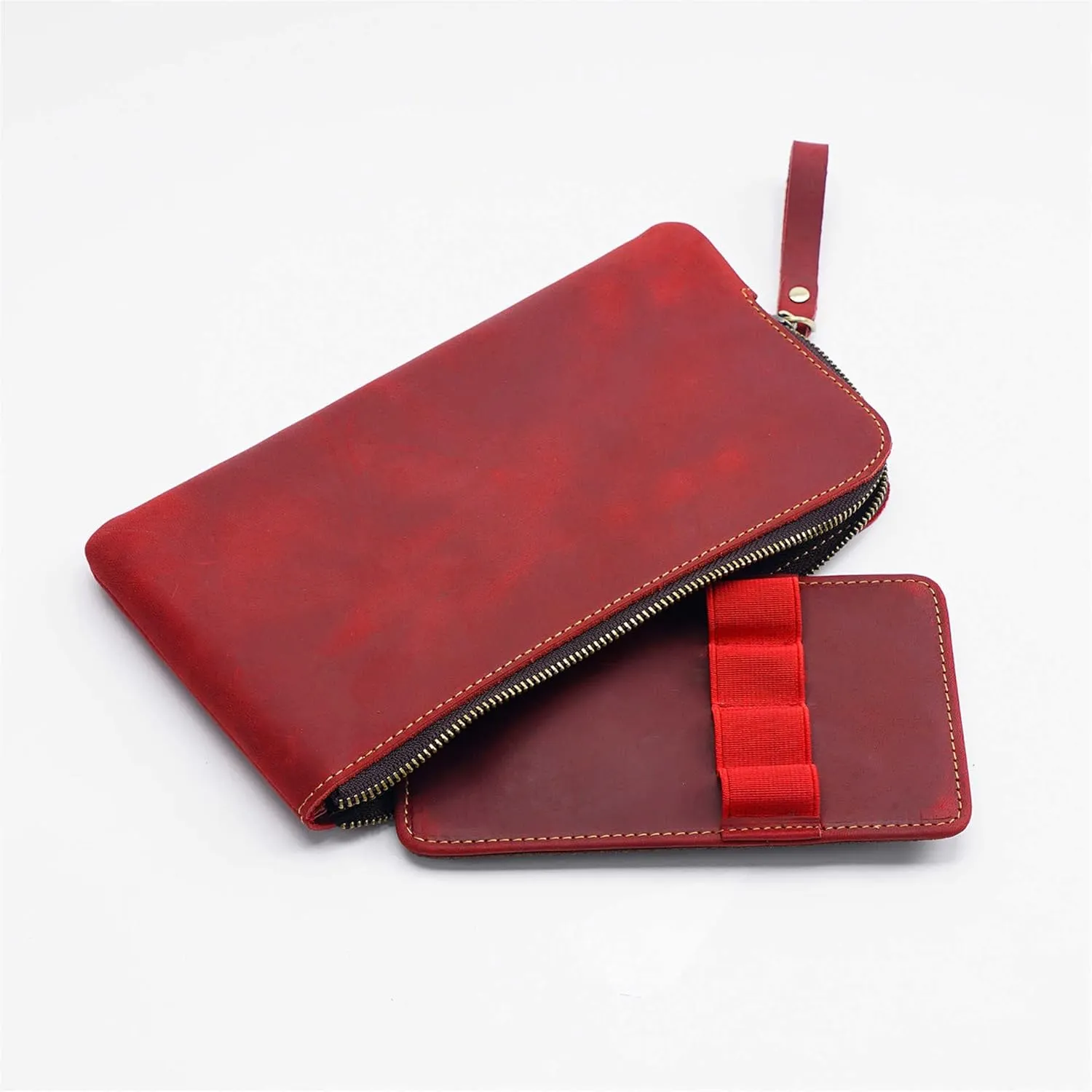 Genuine leather large capacity pencil case. Zip Pouch, Accessories holder, Stationery Bag, Retro handmade artwork. (Red)