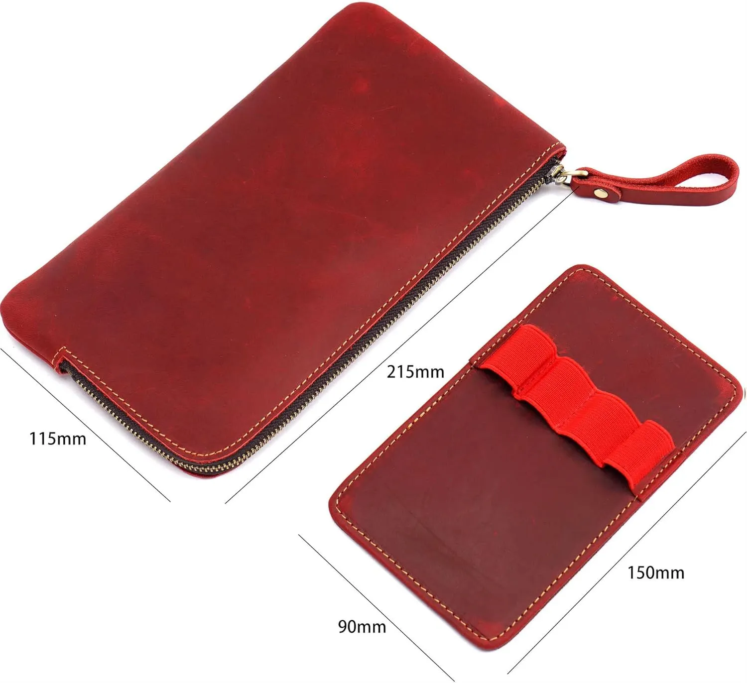 Genuine leather large capacity pencil case. Zip Pouch, Accessories holder, Stationery Bag, Retro handmade artwork. (Red)