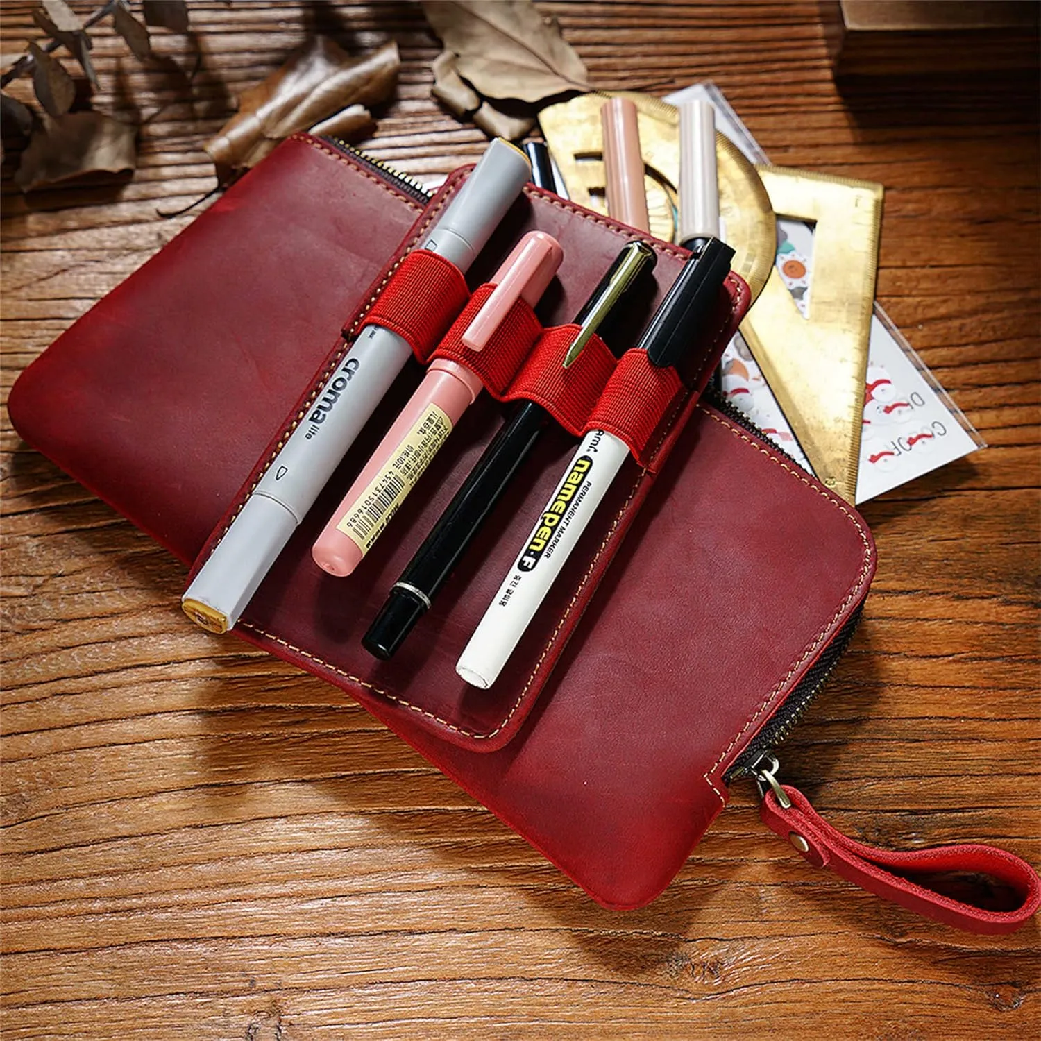 Genuine leather large capacity pencil case. Zip Pouch, Accessories holder, Stationery Bag, Retro handmade artwork. (Red)