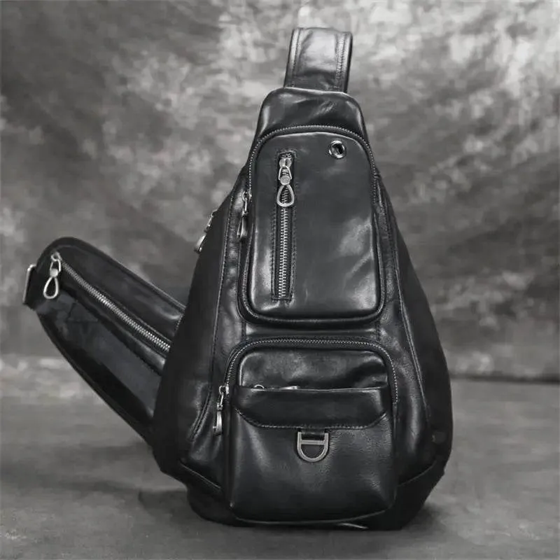 Genuine Leather Men Chest Bag Single Shoulder Sports Riding Bag