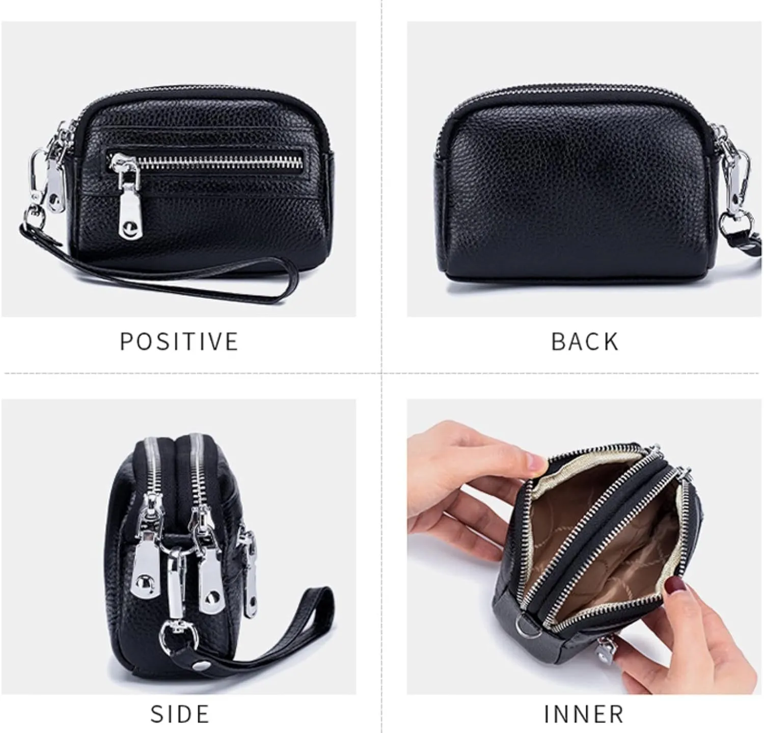 Genuine Leather Mini Wristlet Wallet for Women, 3 Zipped Coin Purse Small Pouch with Wristlet Strap (Creamy)