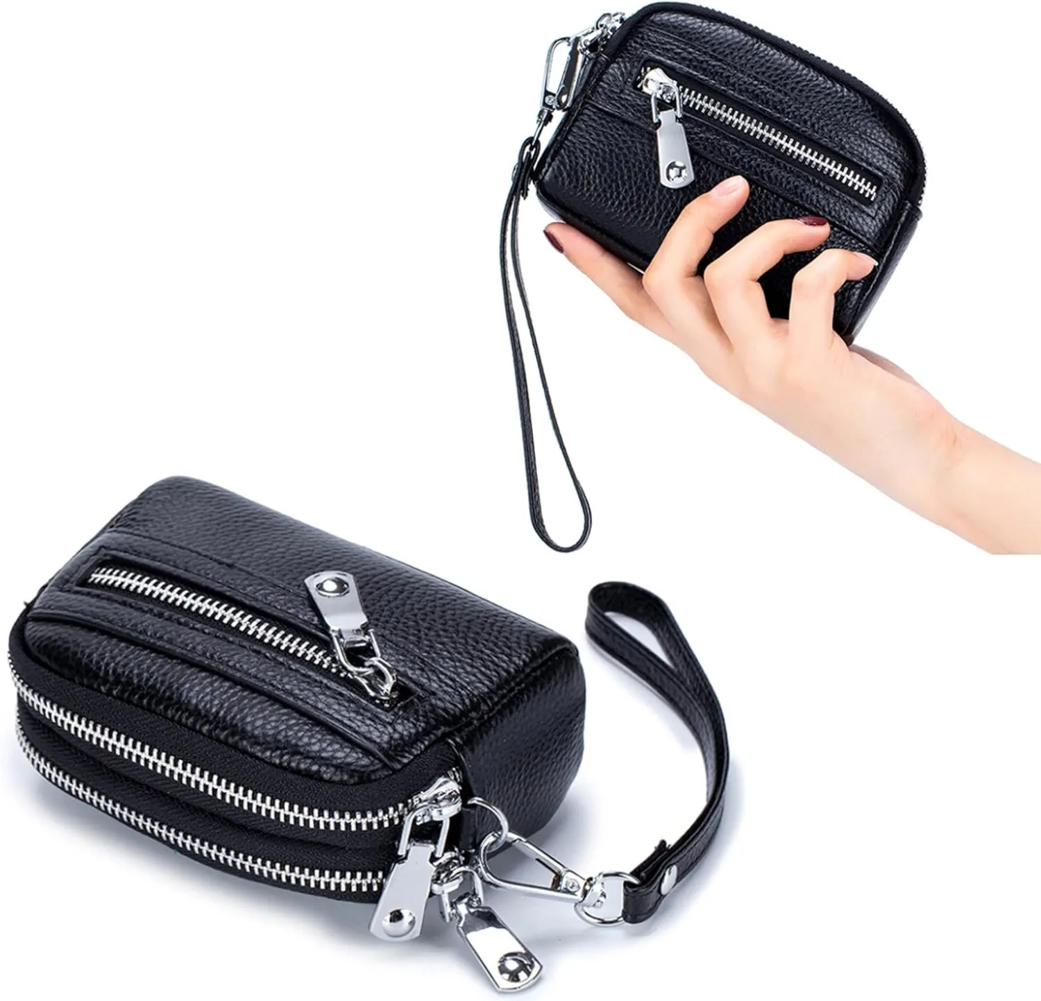 Genuine Leather Mini Wristlet Wallet for Women, 3 Zipped Coin Purse Small Pouch with Wristlet Strap (Creamy)