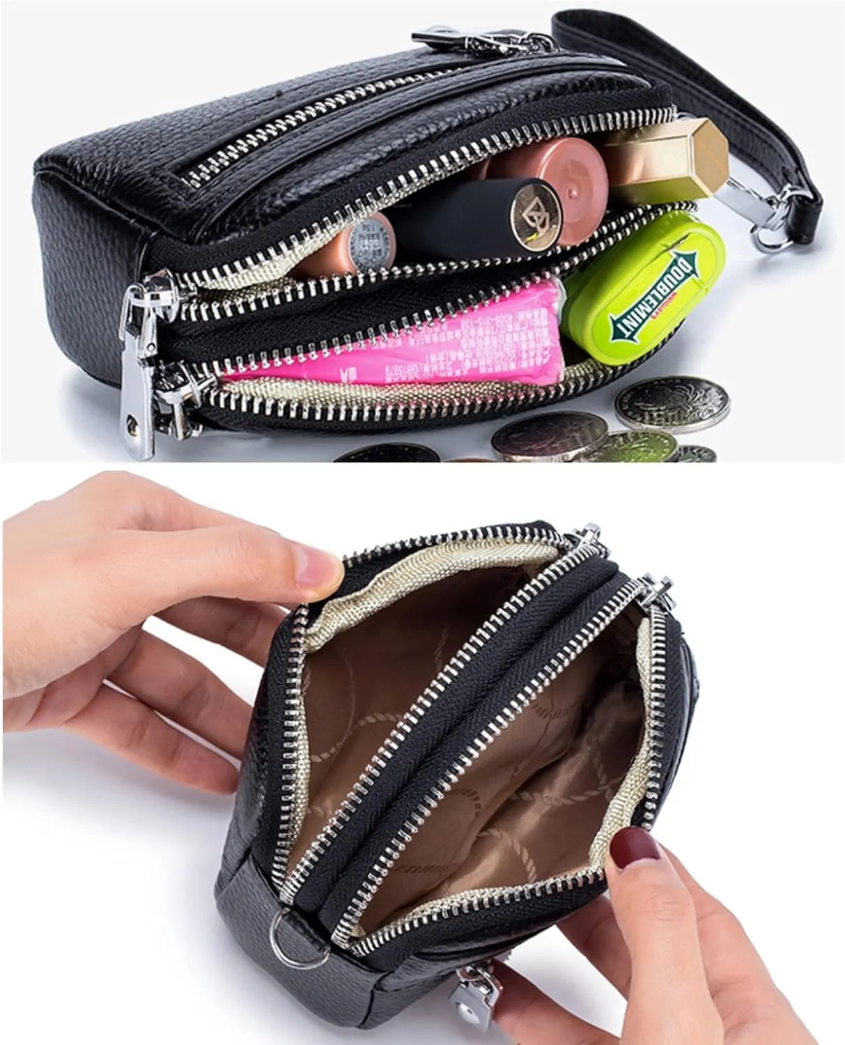 Genuine Leather Mini Wristlet Wallet for Women, 3 Zipped Coin Purse Small Pouch with Wristlet Strap (Creamy)